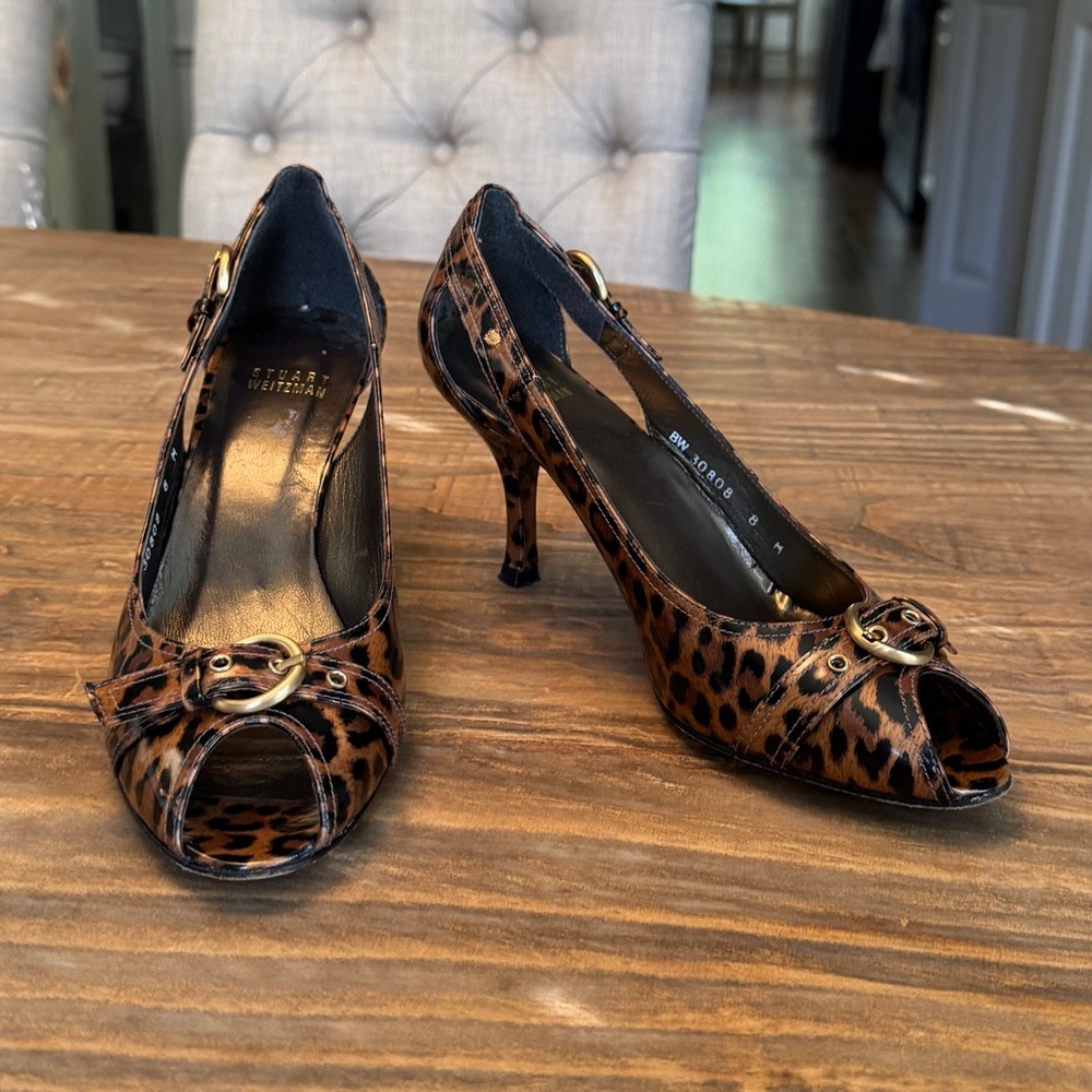Stuart Weitzman Leopard Print Peep-Toe Heels with Gold Buckle